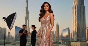 Professional photoshoot makeup in Dubai featuring a glamorous woman