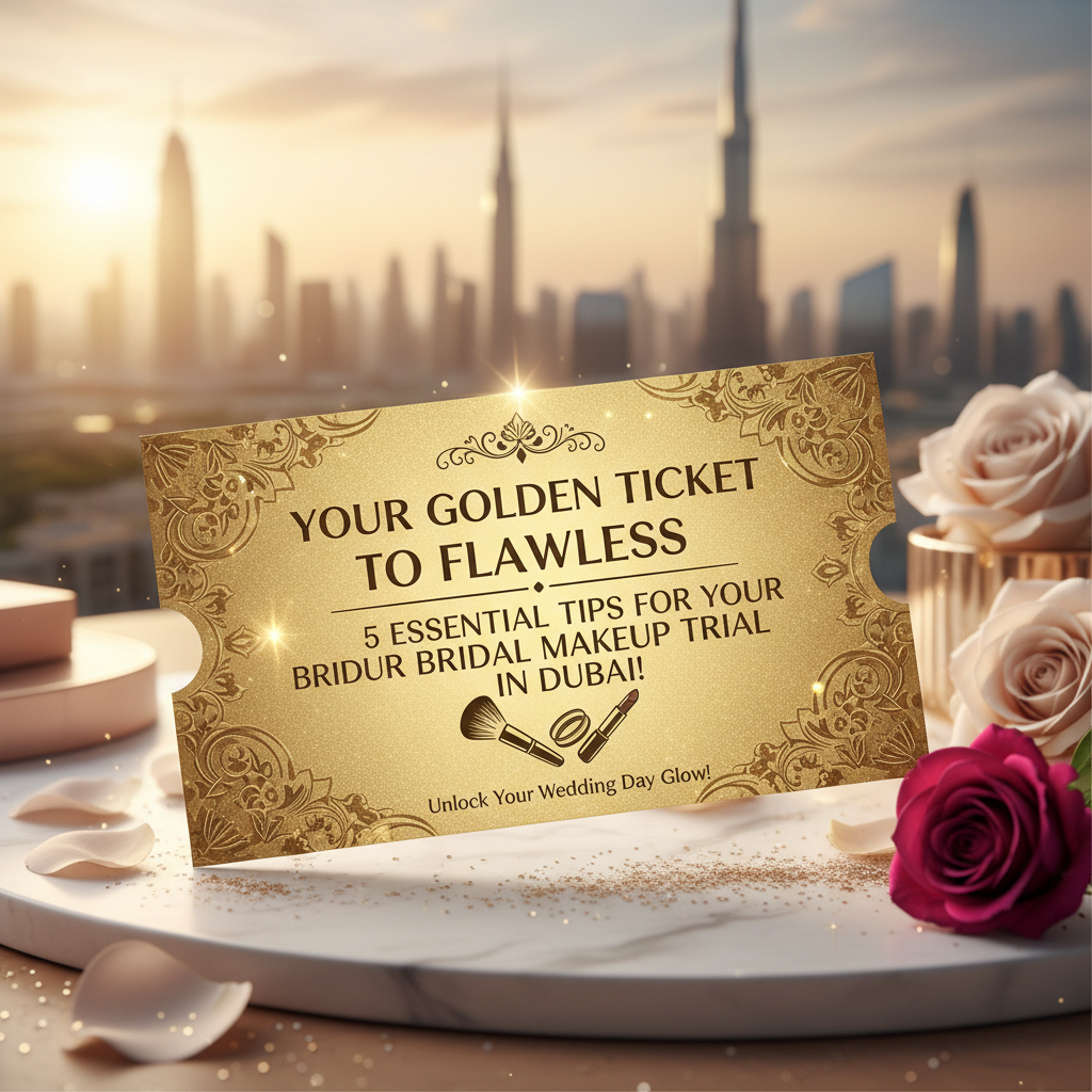Golden ticket titled "Your Golden Ticket to Flawless" with text "5 Essential Tips for Your Bridal Makeup Trial in Dubai!", featuring makeup brushes, lipstick, roses, and the Dubai skyline at sunset.