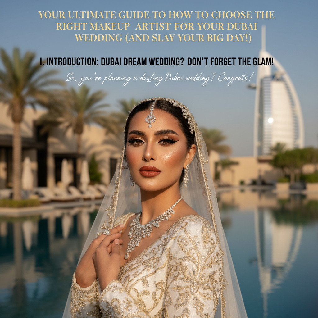 Beautiful bride with elegant makeup and traditional jewelry, posing by a pool with the Burj Al Arab hotel in the background, representing a luxury Dubai wedding.