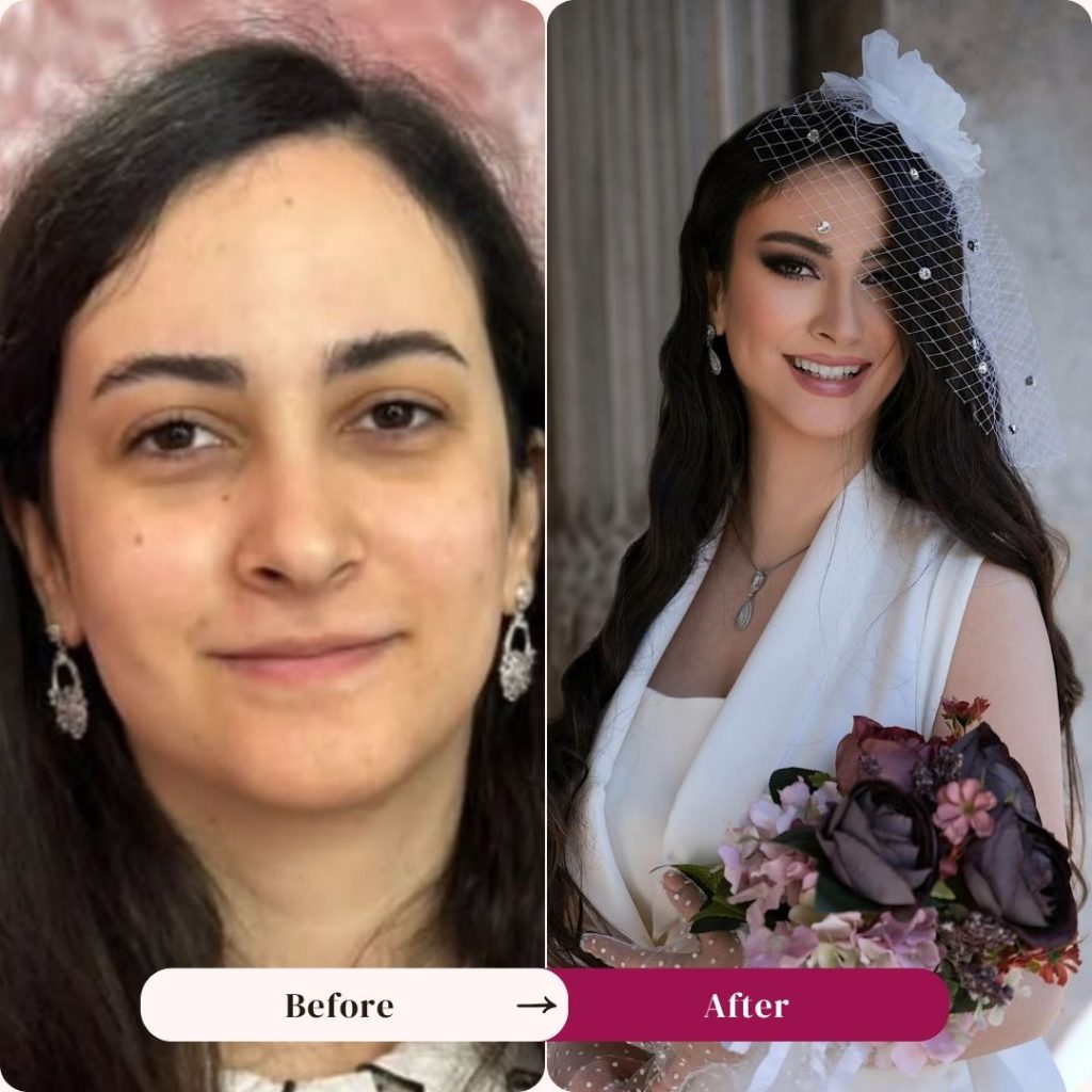bridal makeup Dubai before and after, elegant modest bridal look 