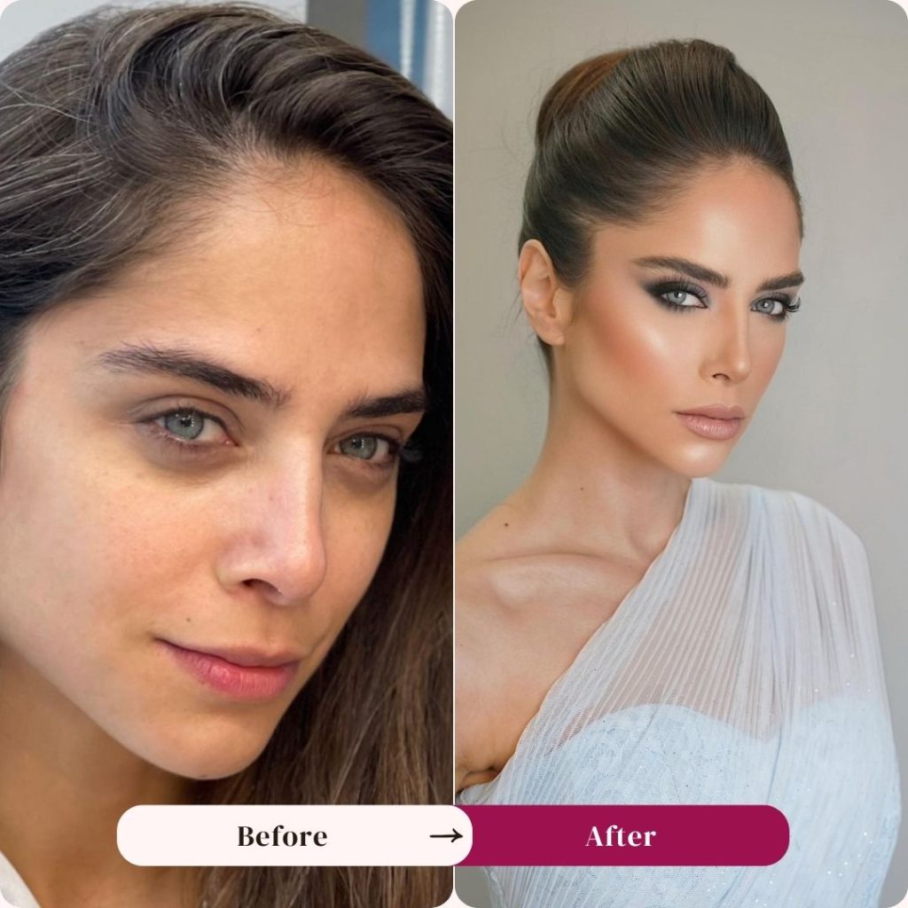 Bridal hair and makeup Dubai before and after transformation, full wedding day glam at hotel by Dubai Makeup Studio
