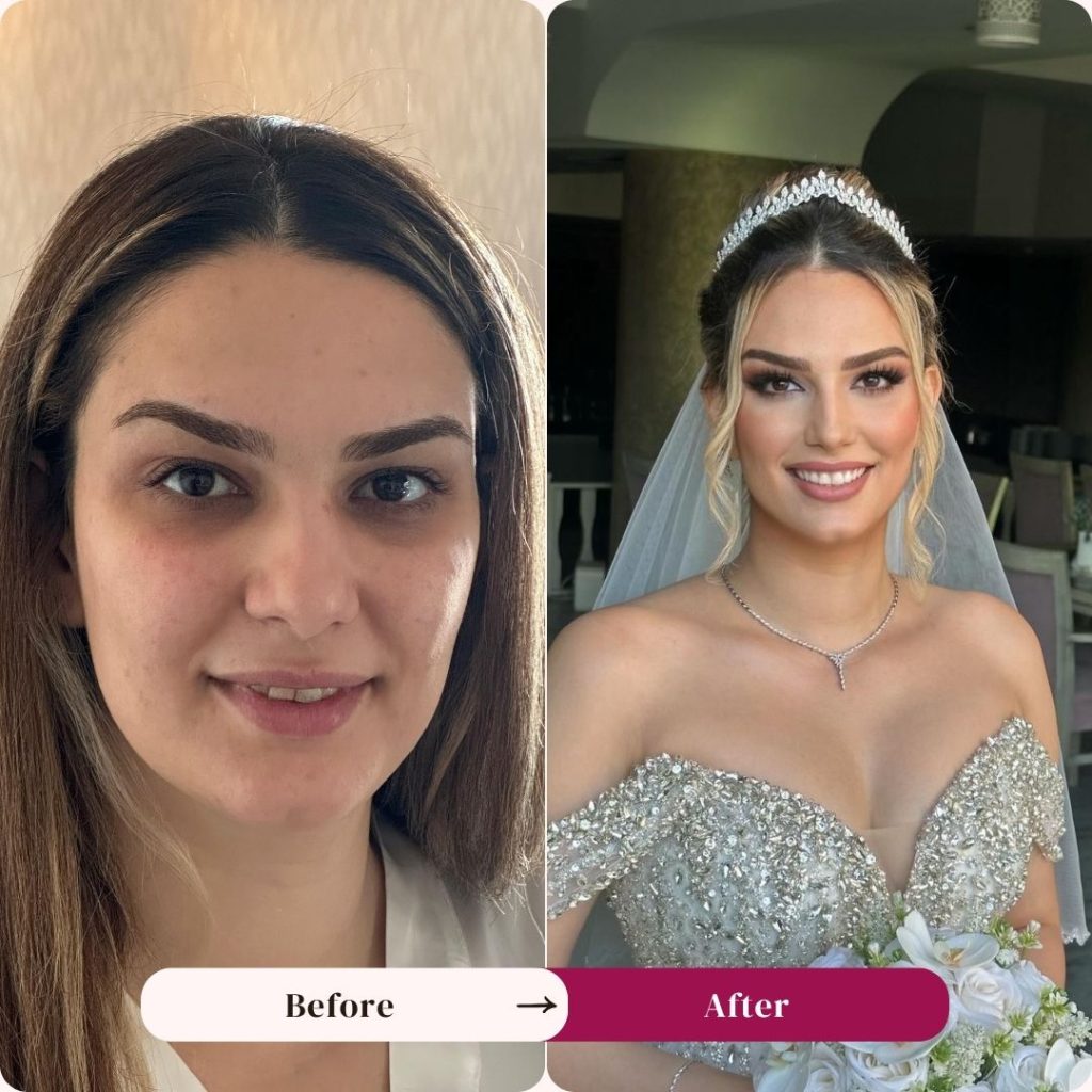 Arabic bridal makeup Dubai before and after by Shabnam Yahyazadeh, Khaleeji wedding look with statement eyes