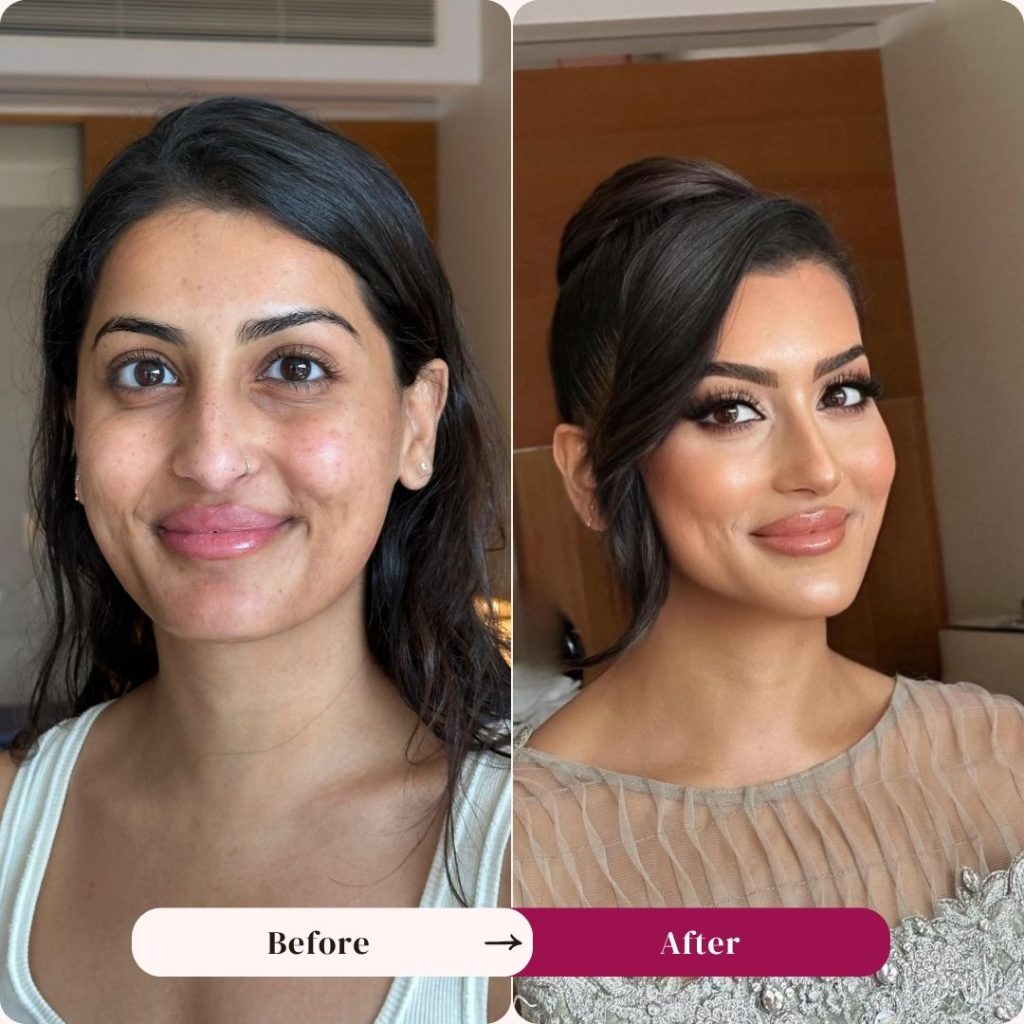 Indian bridal makeup artist Dubai before and after, full glam Indian wedding look by Dubai Makeup Studio