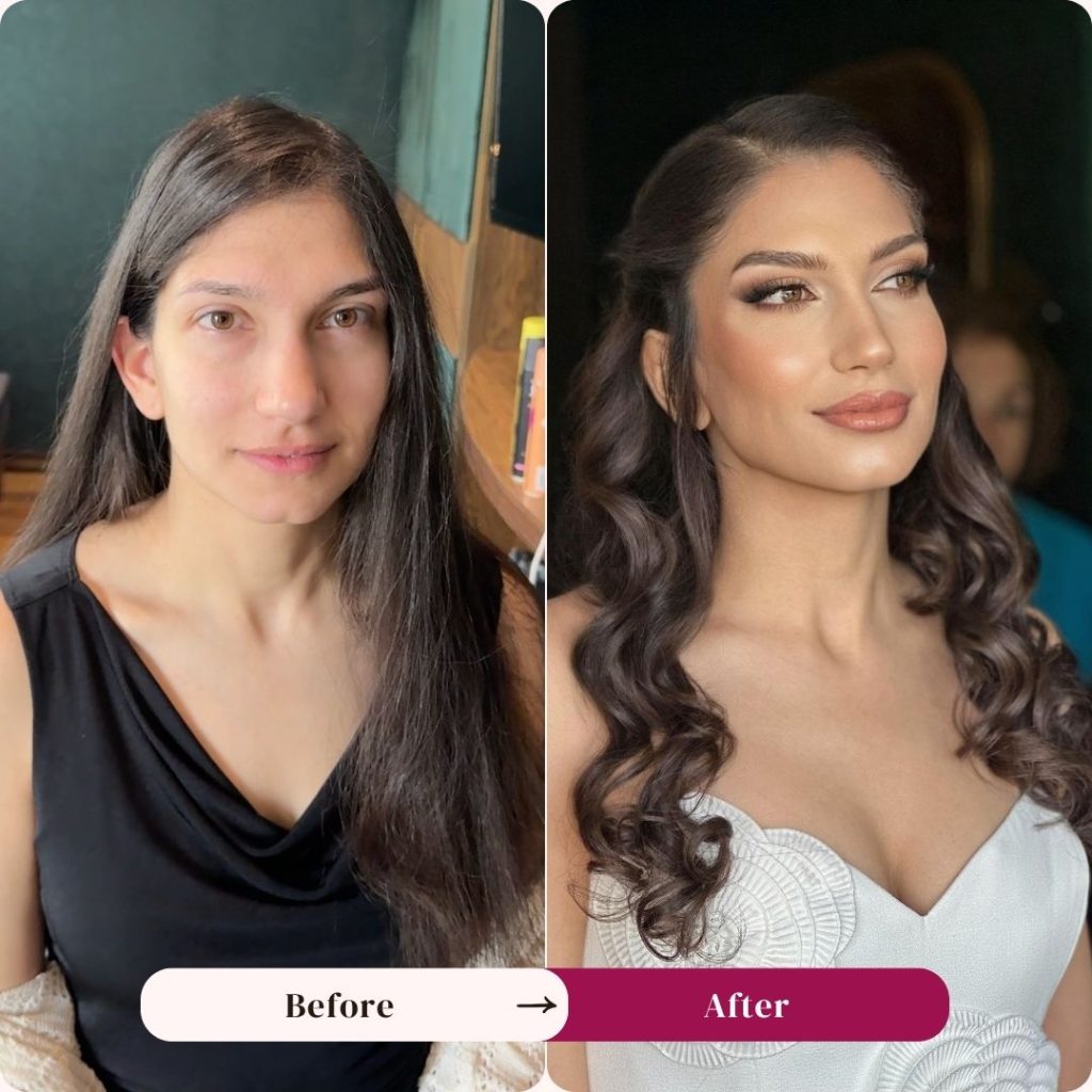 Persian bridal makeup Dubai before and after, refined wedding day glam by Dubai Makeup Studio