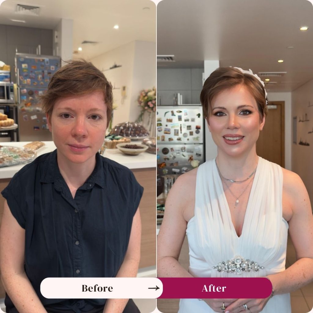 Soft glam bridal makeup Dubai before and after, natural luminous wedding day finish for hotel ceremony